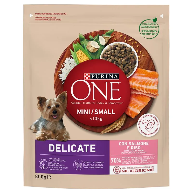 PURINA ONE Mini Delicate Salmone e Riso Crocchette per cani (Set %: 5 x 800 g)