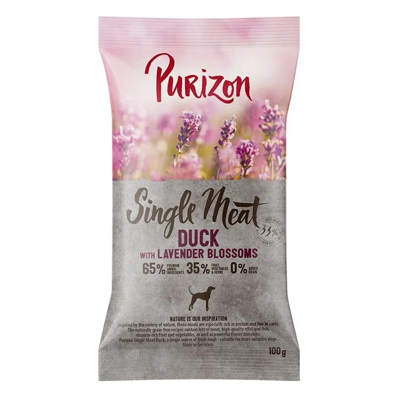 Confezione prova! Purizon Crocchette, Alimenti umidi e Snack per cane (100 g crocchette Single Meat Adult Anatra con mela)