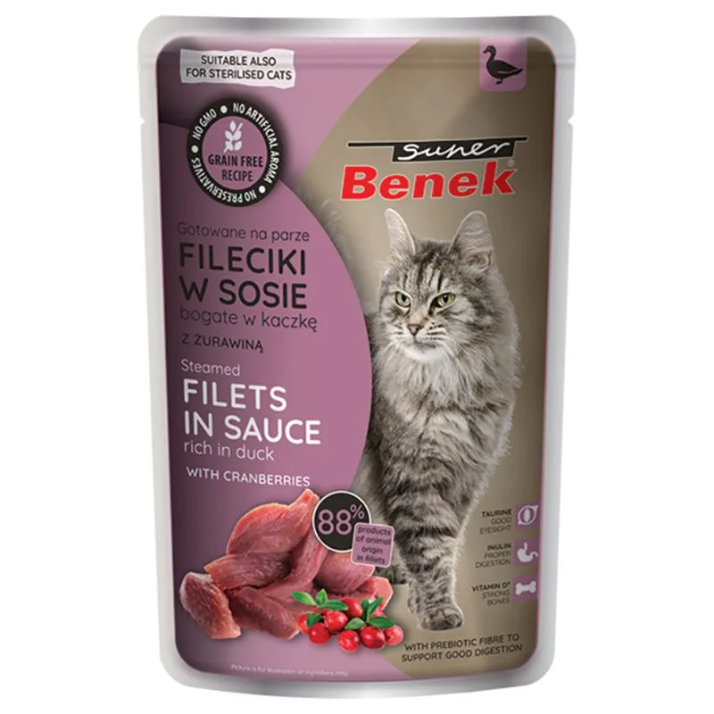 Super Benek Senza cereali Filetti al vapore in Salsa 56 x 85 g umido gatto (Anatra con Mirtilli rossi)