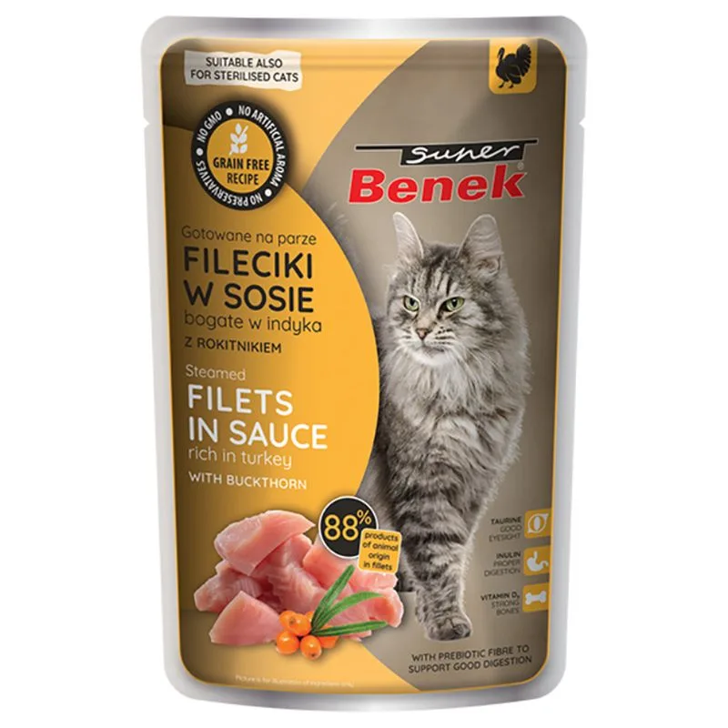 Super Benek Senza cereali Filetti al vapore in Salsa 56 x 85 g umido gatto (Tacchino con Olivello spinoso)