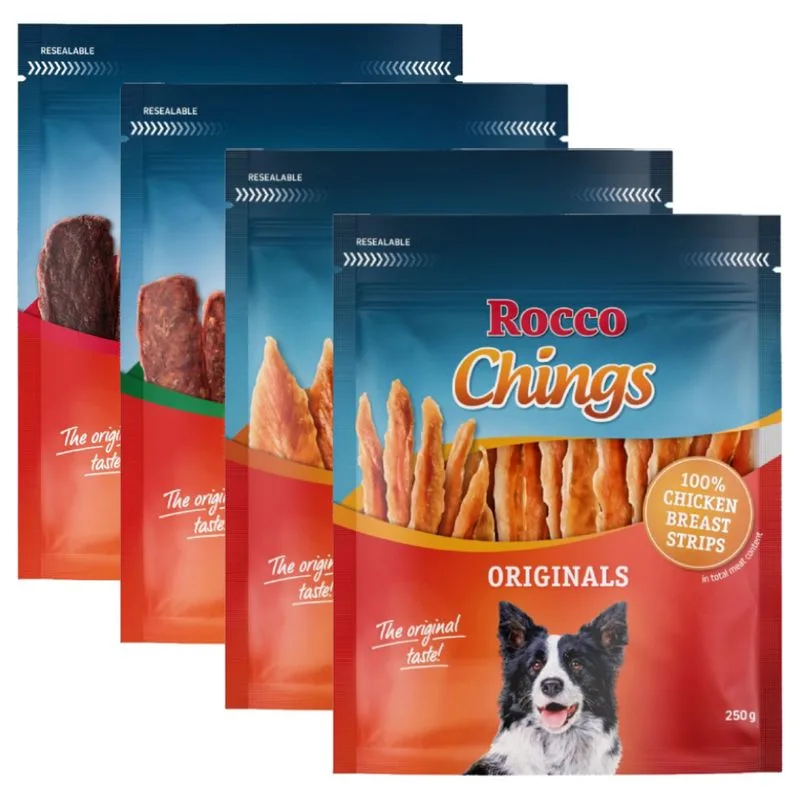 Pacco misto! Rocco Chings Originals (900 g: Petto di pollo disidratato, in strisce, Petto d'anatra, Manzo)
