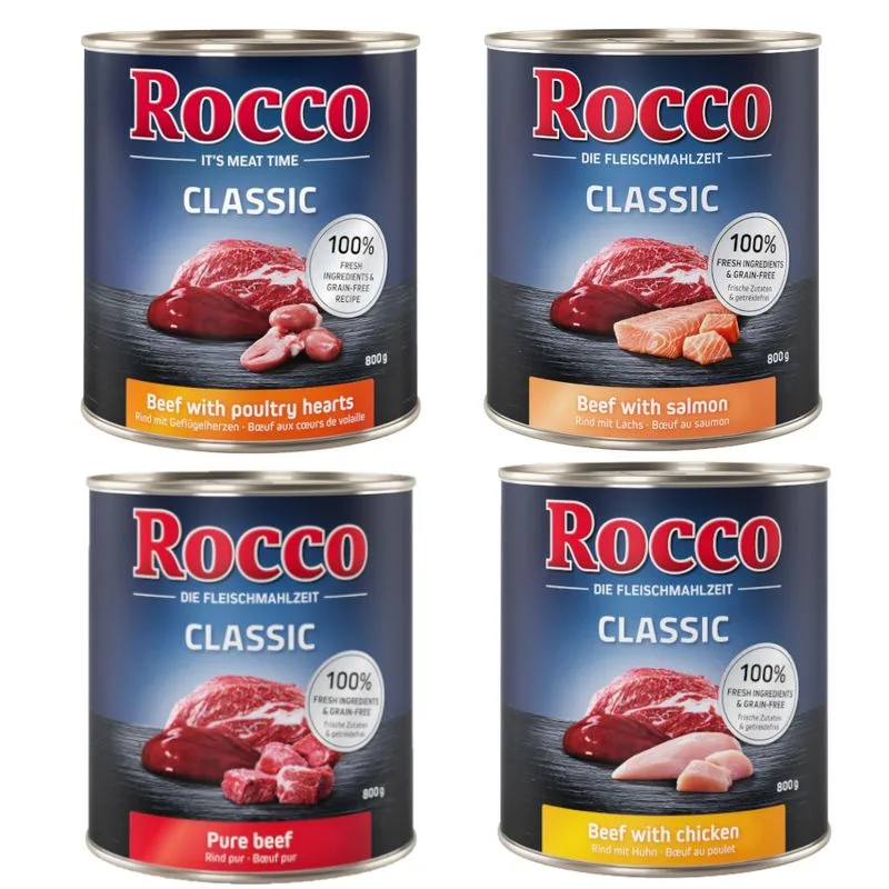 Rocco Classic 24 x 800 g (Mix 6: Manzo puro, Pollo, Salmone, Cuori di Pollame)