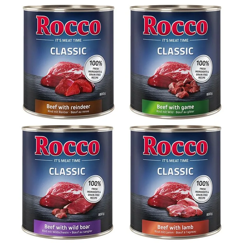 Rocco Classic 24 x 800 g (Mix 7: Manzo con Agnello, Selvaggina, Cinghiale, Renna)