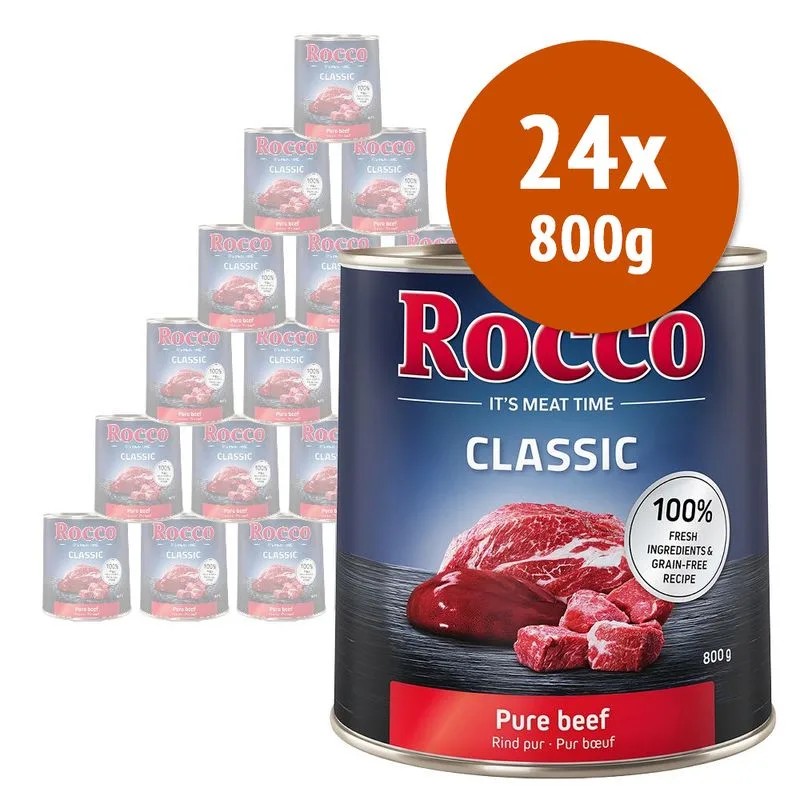 Rocco Classic 24 x 800 g Alimento umido per cani (4 gusti: Pollo, Manzo puro, Salmone, Selvaggina)