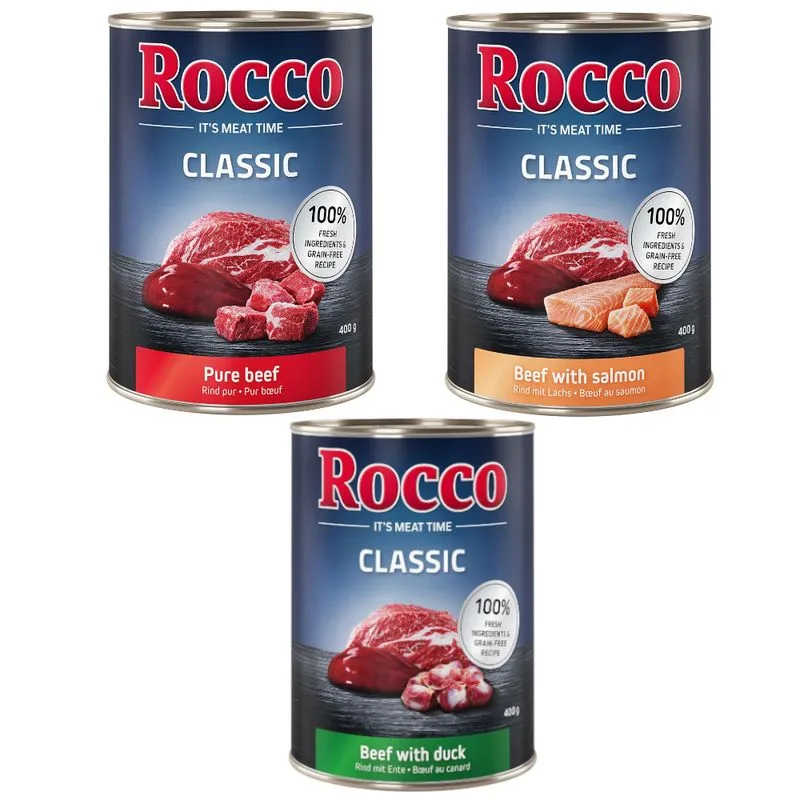 Rocco Classic Pacco misto 6 x 400 g umido per cane (Mix Esclusivo: Manzo puro, Manzo con Salmone, Manzo con Anatra)