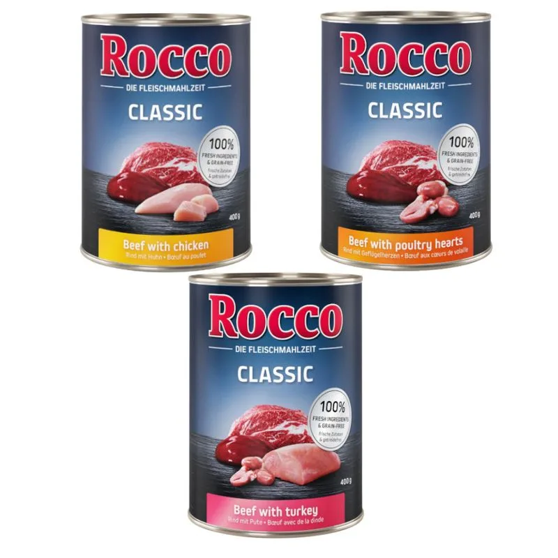 Rocco Classic Pacco misto 6 x 400 g umido per cane (Mix Pollame: Manzo con Pollo, Manzo con Cuori di Pollame, Manzo con Tacchino)