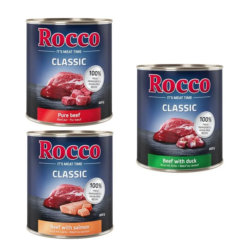 Rocco Classic Pacco misto 6 x 800 g umido per cane (Mix Esclusivo: Manzo puro, Manzo con Salmone, Manzo con Anatra)