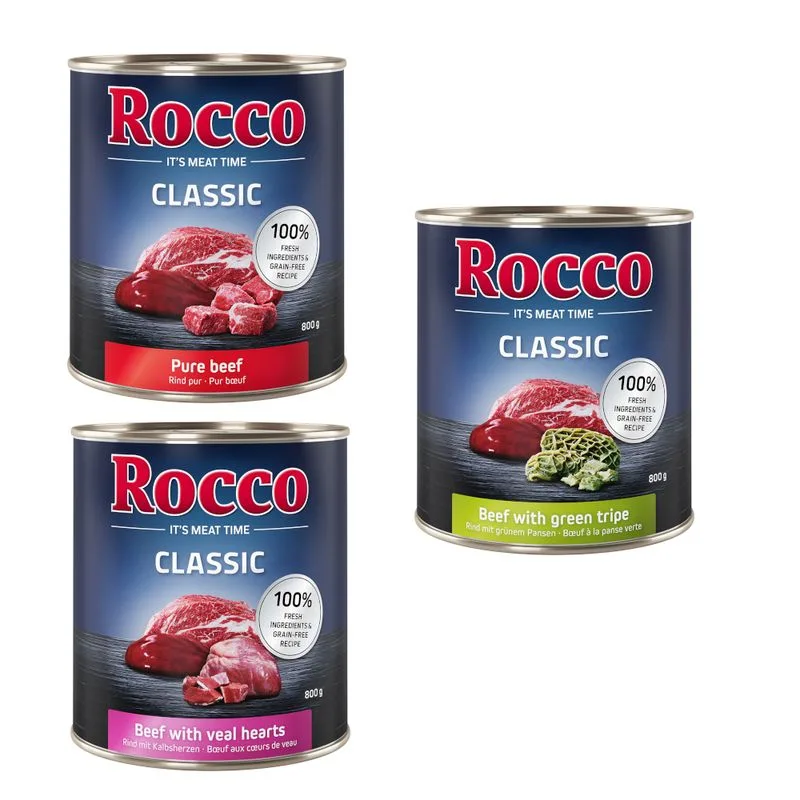 Rocco Classic Pacco misto 6 x 800 g umido per cane (Mix Manzo: Manzo puro, Manzo con Cuori di Vitello, Manzo con Trippa)