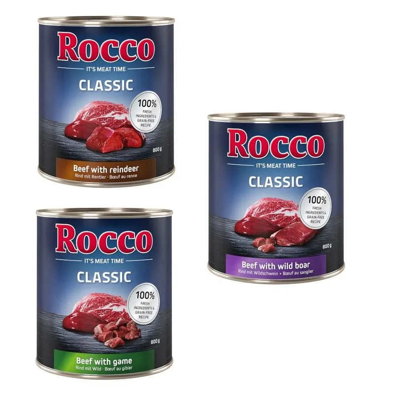 Rocco Classic Pacco misto 6 x 800 g umido per cane (Mix Selvaggina: Manzo e Selvaggina, Manzo con Renna, Manzo con Cinghiale)