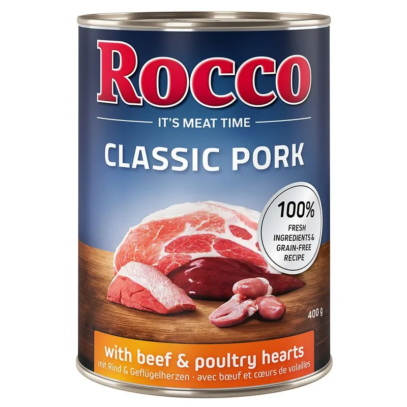 Rocco Classic Pork 24 x 400 g umido per cane (Manzo & Cuori di pollo)