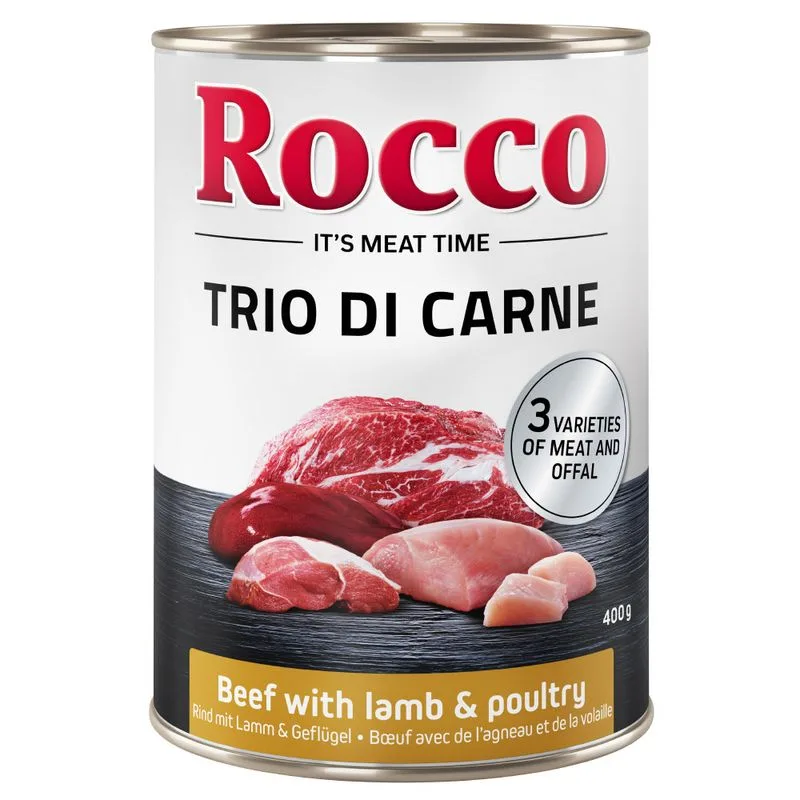 Rocco Classic Trio di Carne 6 x 400 g Alimento umido per cani (Manzo, Agnello & Pollame)