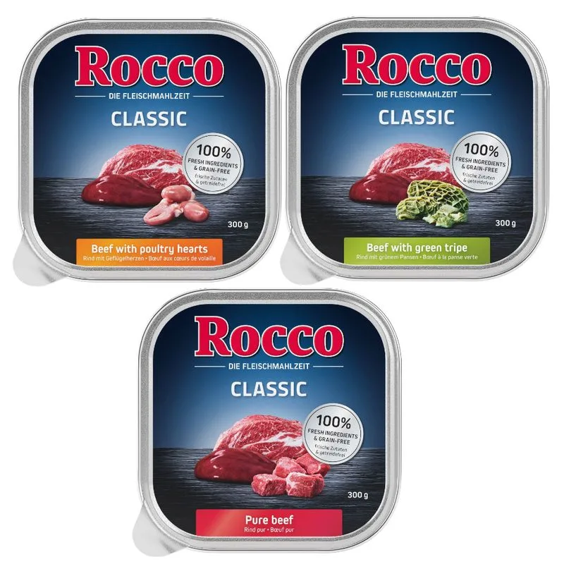 Set prova! 9 x 300 g Rocco Vaschette (Mix 1 Classic: Manzo puro, Manzo con Trippa Verde, Manzo con Cuori di Pollo)