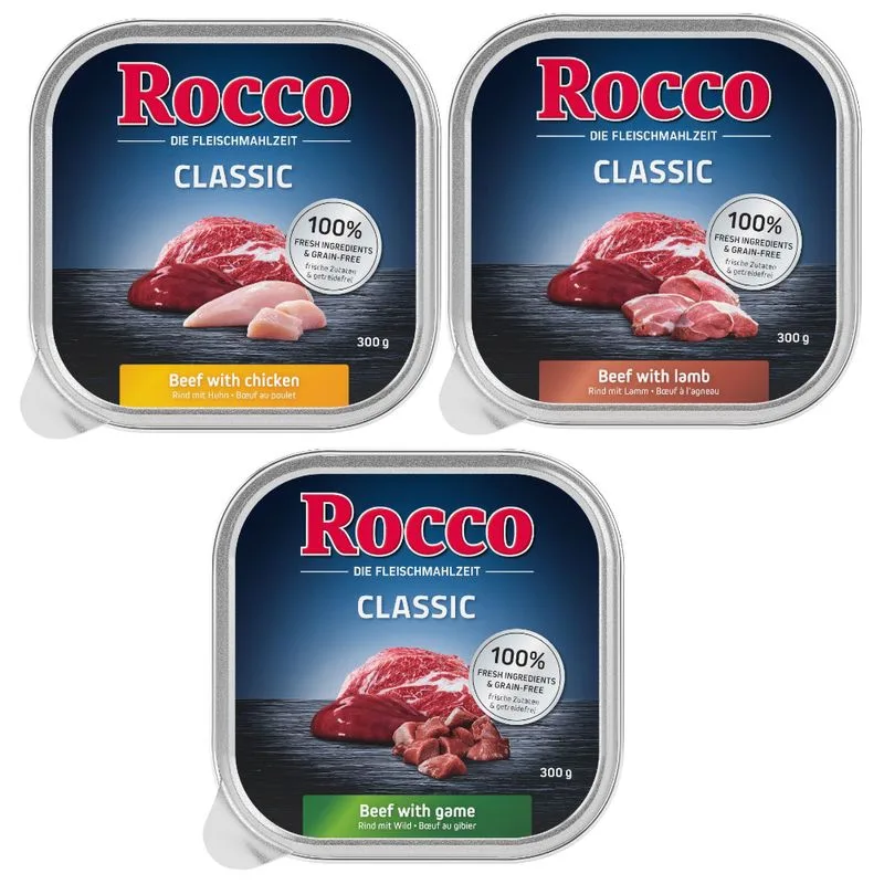 Set prova! 9 x 300 g Rocco Vaschette (Mix 2 Classic: Manzo con Pollo, con Agnello, con Selvaggina)