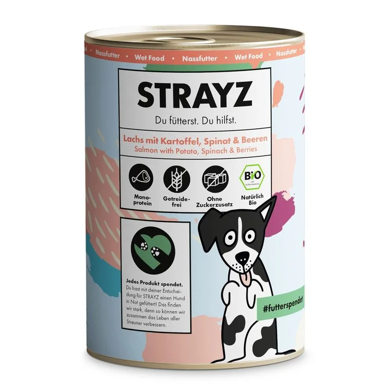 STRAYZ BIO 24 x 400 g (Salmone Bio con Patate Bio, Spinaci Bio e Frutti rossi Bio)