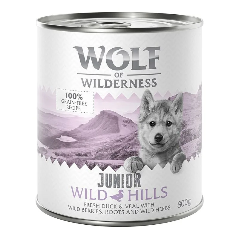 Wolf of Wilderness Junior 12 x 800 g umido per cane (Wild Hills - Anatra & Vitello)