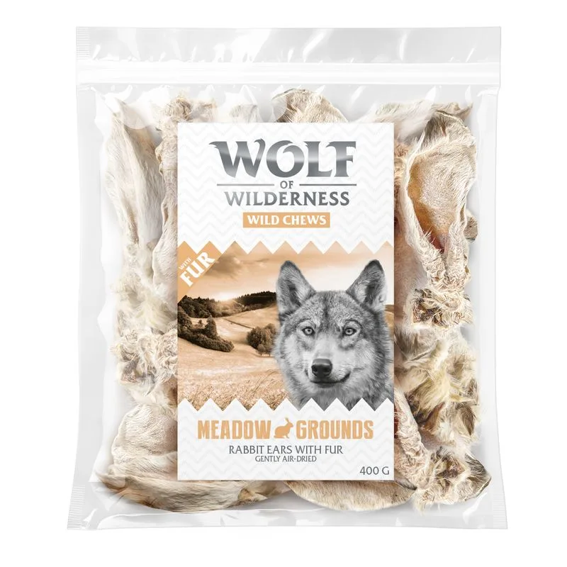 Multipack risparmio! Wolf of Wilderness Orecchie selvatiche (2 x 400 g Orecchie di coniglio con pelo)