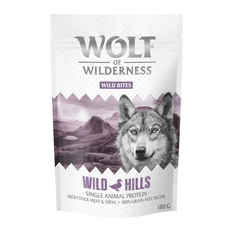 Confezione prova! Wolf of Wilderness Crocchette, umido e snack per cane (180 g snack Wild Bites Wild Hills - Anatra)