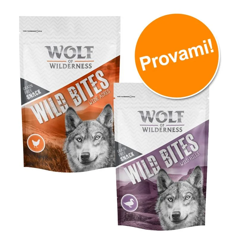 Set prova misto! Wolf of Wilderness Snack - Wild Bites 2 x 180 g (High Valley + Green Fields)