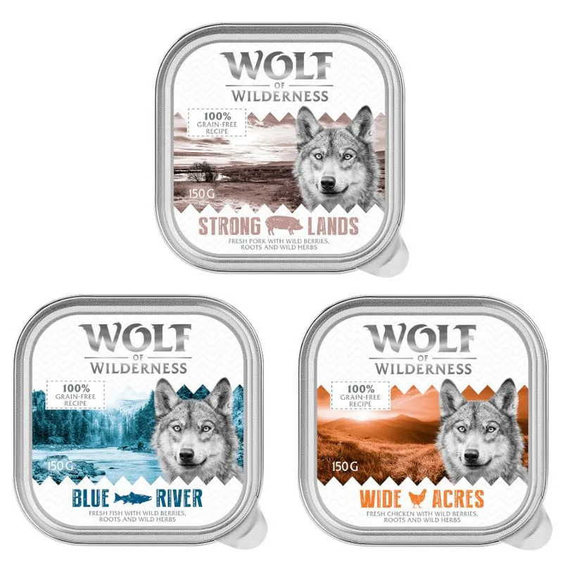 Set prova misto! Wolf of Wilderness umido per cane (6 x 150 g MINI Adult: Pollo, Pesce, Maiale (vaschette))