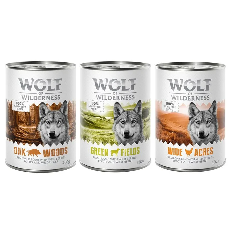 Set prova misto! Wolf of Wilderness umido per cane (6 x 400 g Adult Cinghiale, Pollo, Agnello (lattine))