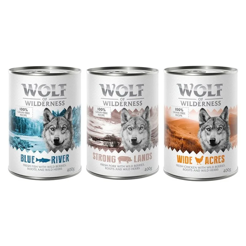 Set prova misto! Wolf of Wilderness umido per cane (6 x 400 g Adult Pollo, Maiale, Pesce (lattine))