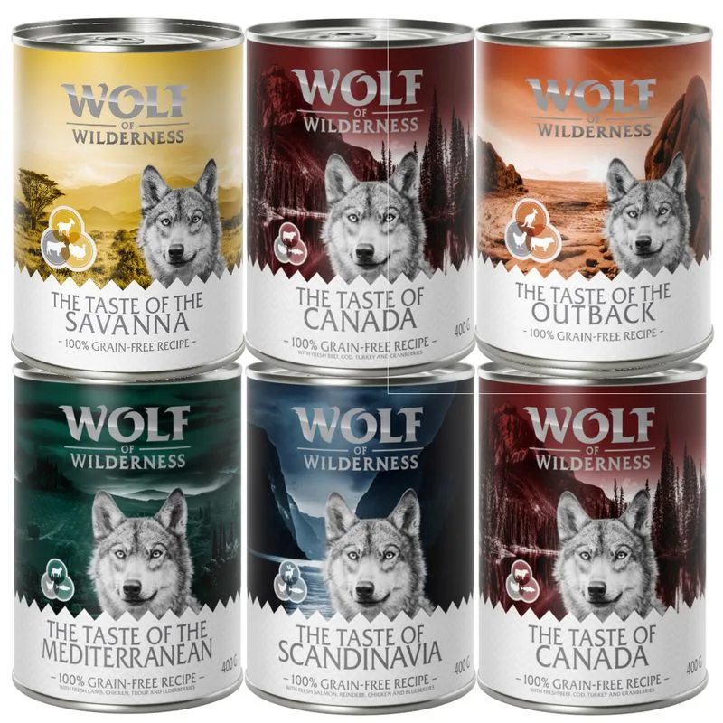 Set prova misto! Wolf of Wilderness umido per cane (6 x 400 g Taste Of Canada / Scandinavia / Mediterranean / Outback / Savanna)