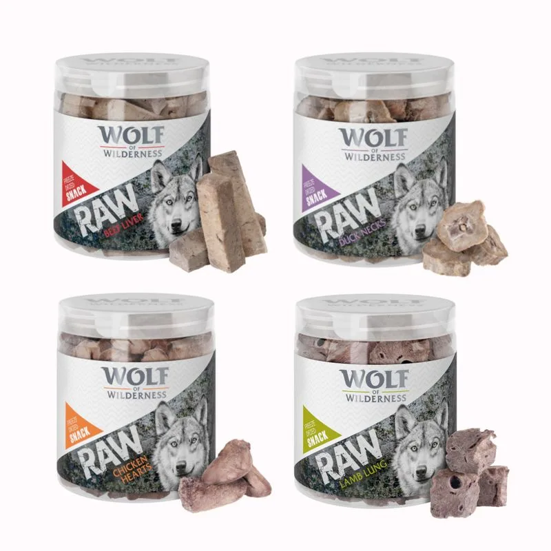 Set prova! Snack Premium liofilizzati Wolf of Wilderness - RAW (Mix: Cuori di pollo, Polmoni di agnello, Fegato di manzo, Gole di anatra 300 g)