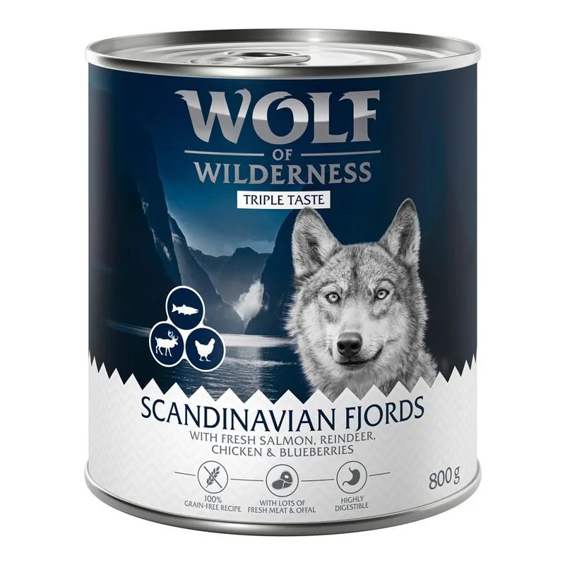 Wolf of Wilderness "Triple Taste" 6 x 800 g (Scandinavia - salmone, renna, pollo, mirtilli)