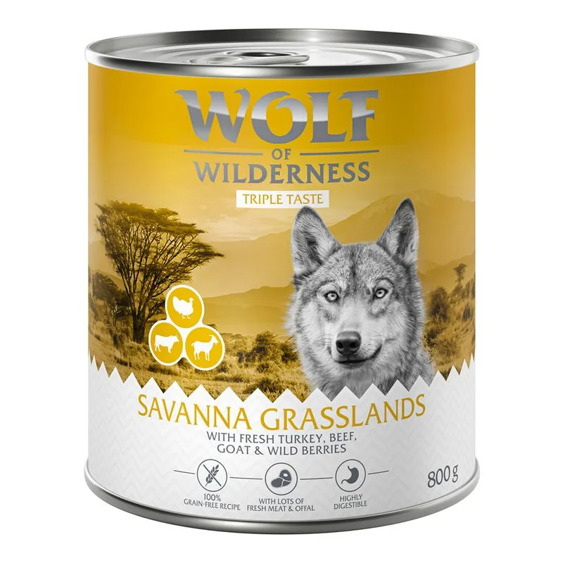 Wolf of Wilderness "Triple Taste" 6 x 800 g (The Savanna: Tacchino, Manzo, Capra)