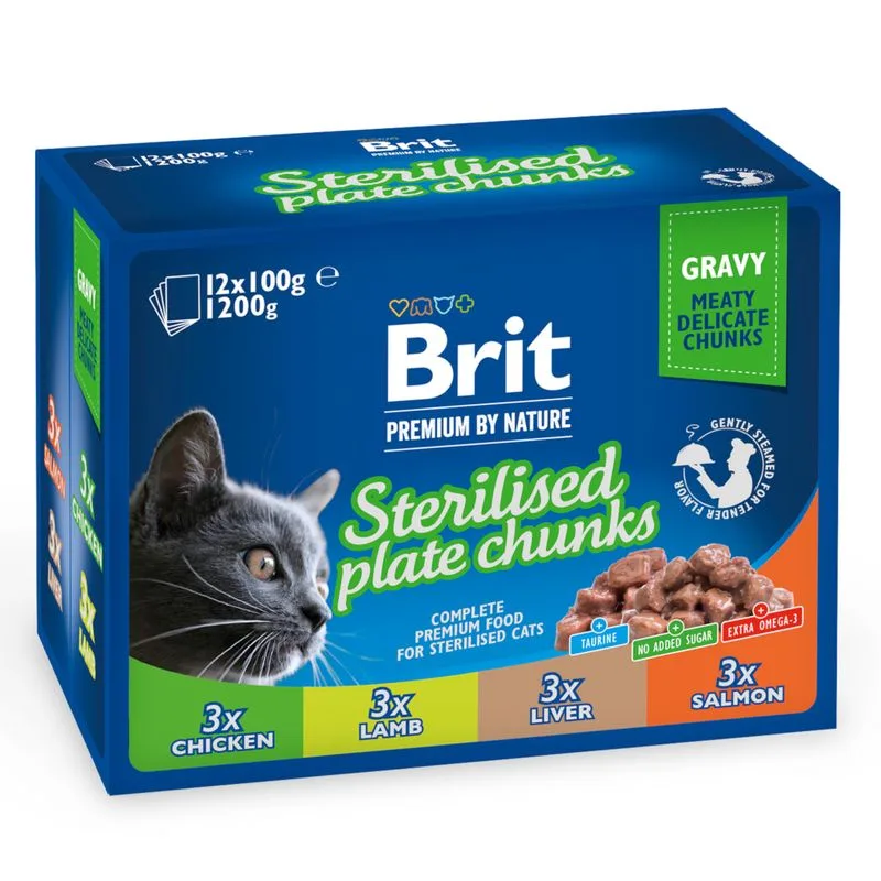 Brit Premium Cat 24 x 100 g (Sterilised Plate: 6x Pollo, 6x Agnello, 6x Fegato, 6x Salmone)