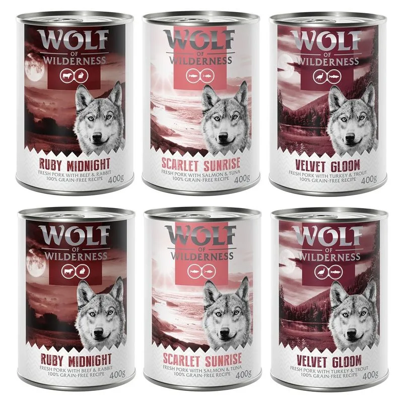 Wolf of Wilderness Adult "Red Meat" 6 x 400 g umido per cane (Mix: Maiale, Salmone e Tonno, Maiale, Manzo e Coniglio, Maiale, Tacchino e Trota)