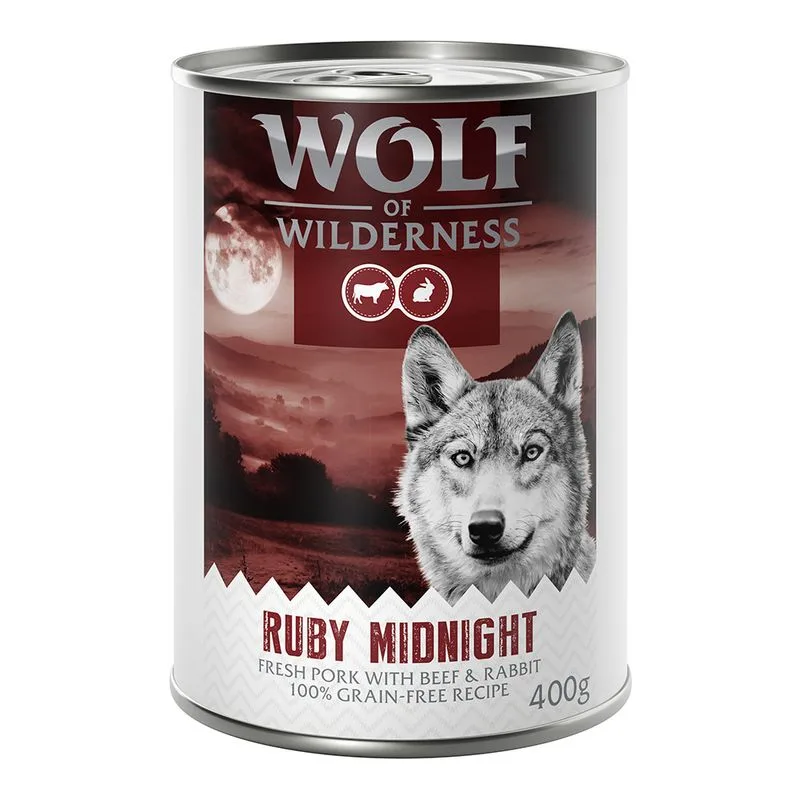 Wolf of Wilderness Adult "Red Meat" 6 x 400 g umido per cane (Ruby Midnight - Maiale, Manzo e Coniglio)