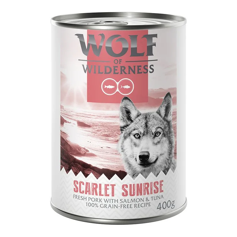 Wolf of Wilderness Adult "Red Meat" 6 x 400 g umido per cane (Scarlet Sunrise - Maiale, Salmone e Tonno)