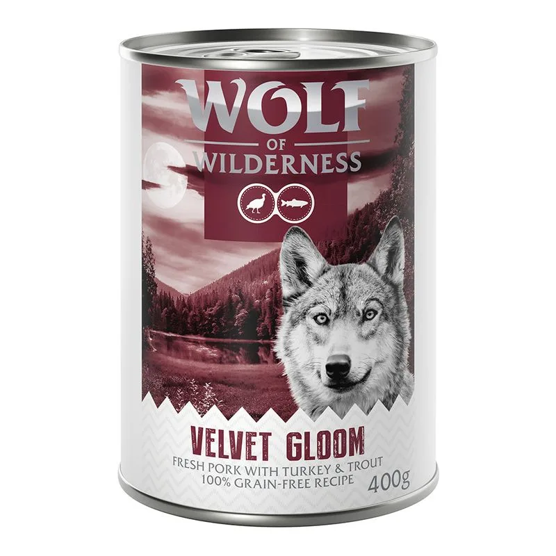 Wolf of Wilderness Adult "Red Meat" 6 x 400 g umido per cane (Velvet Gloom - Maiale, Tacchino e Trota)