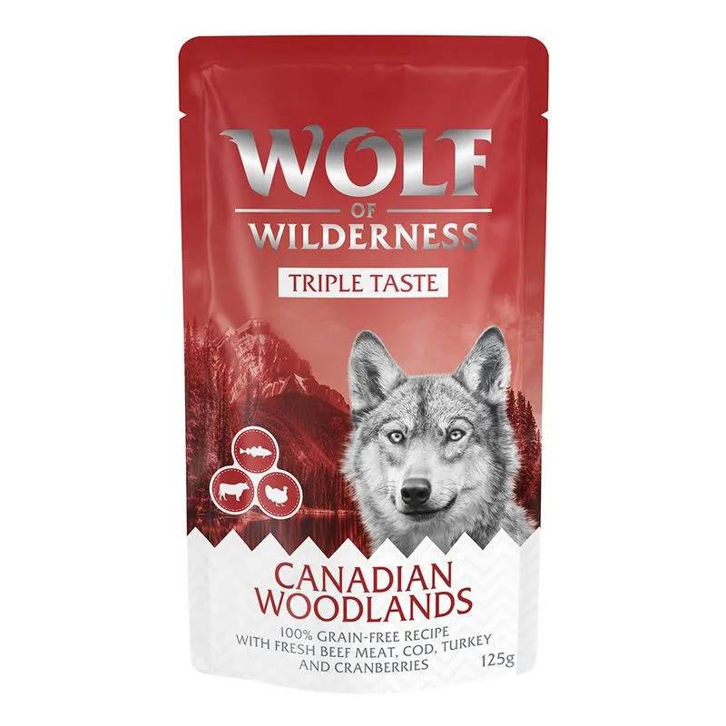 Wolf of Wilderness Adult "Triple Taste" 12 x 125 g umido per cane (Canadian Woodlands - Manzo, Merluzzo, Tacchino)