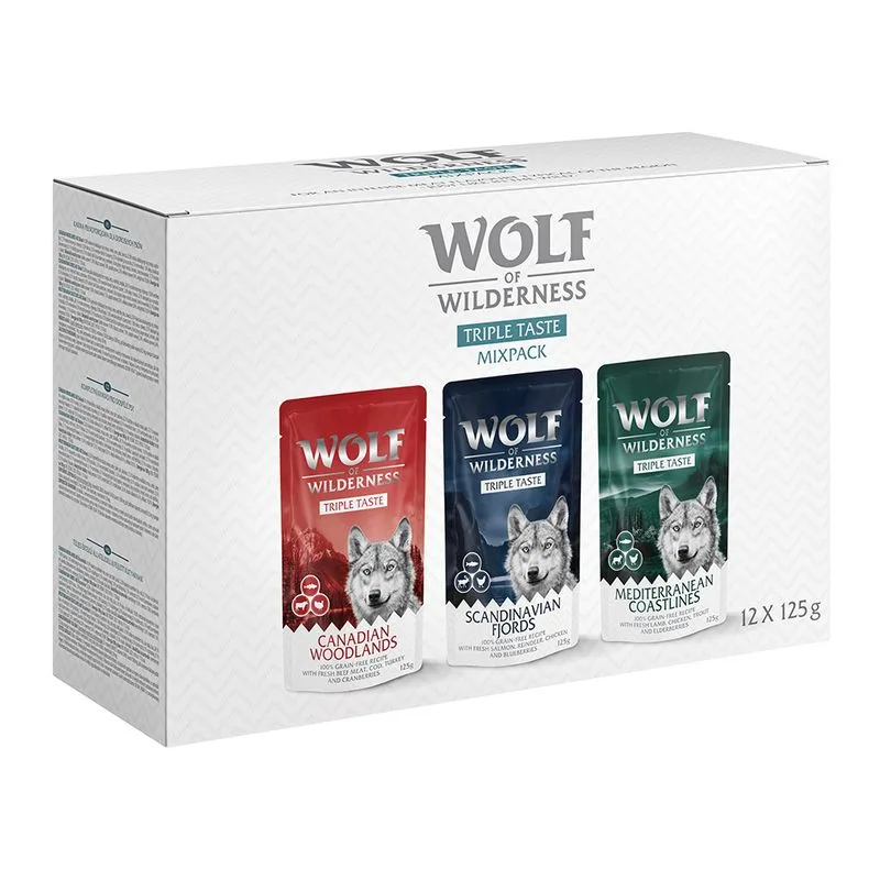 Wolf of Wilderness Adult "Triple Taste" 12 x 125 g umido per cane (Mix: 4x Canadian Woodlands, 4x Scandinavian Fjords, 4x Mediterranean Coastlines)