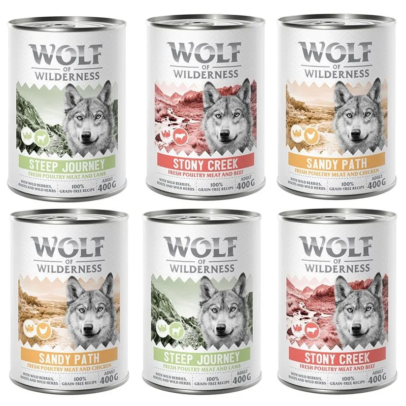 Wolf of Wilderness Adult “Expedition” 6 x 400 g umido per cane (Mix: 2x Pollame con Pollo, 2x Pollame con Agnello, 2x Pollame con Manzo)