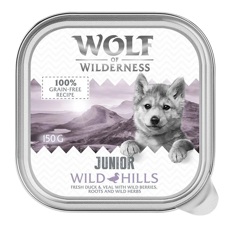 Wolf of Wilderness JUNIOR Duo-Protein 6 / 24 x 150 g umido cane (24 x 150 g Wild Hills - Anatra & Vitello)