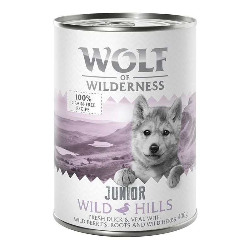 Wolf of Wilderness Junior 24 x 400 g umido per cane (Wild Hills - Anatra & Vitello)