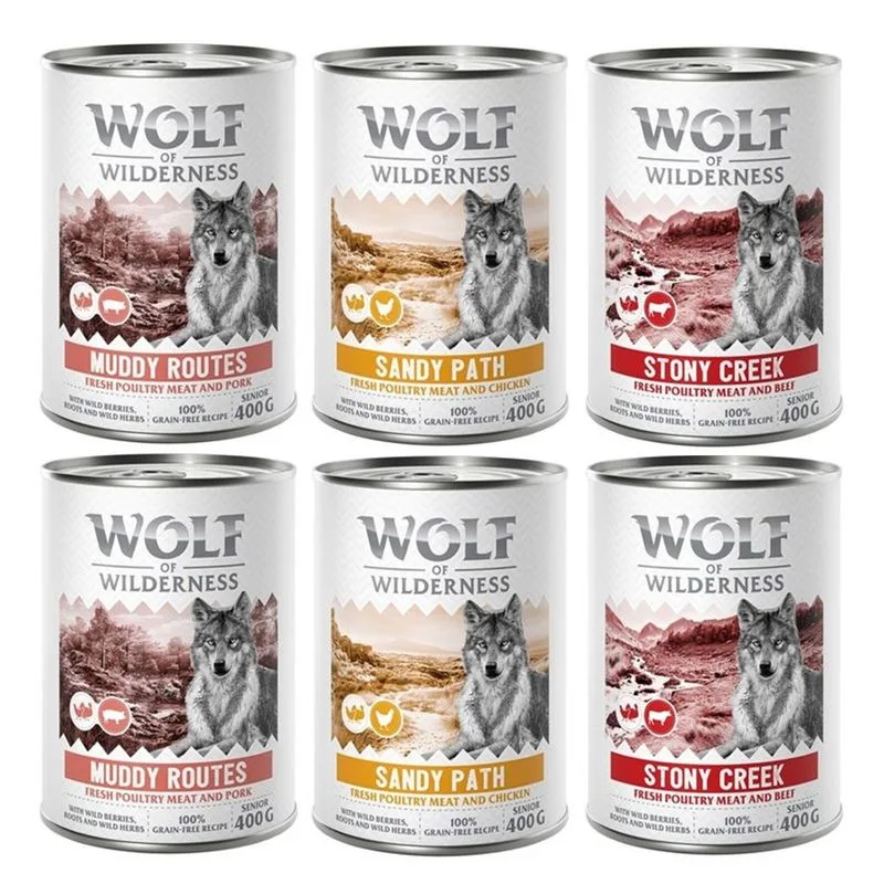 Wolf of Wilderness Senior "Expedition" 6 x 400 g umido per cane (Mix: 2x Pollame con Maiale, 2x Pollame con Pollo, Pollame con Manzo)
