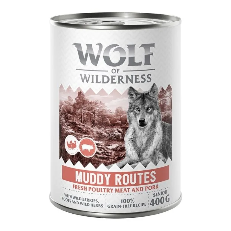 Wolf of Wilderness Senior "Expedition" 6 x 400 g umido per cane (Muddy Routes - Pollame con Maiale)