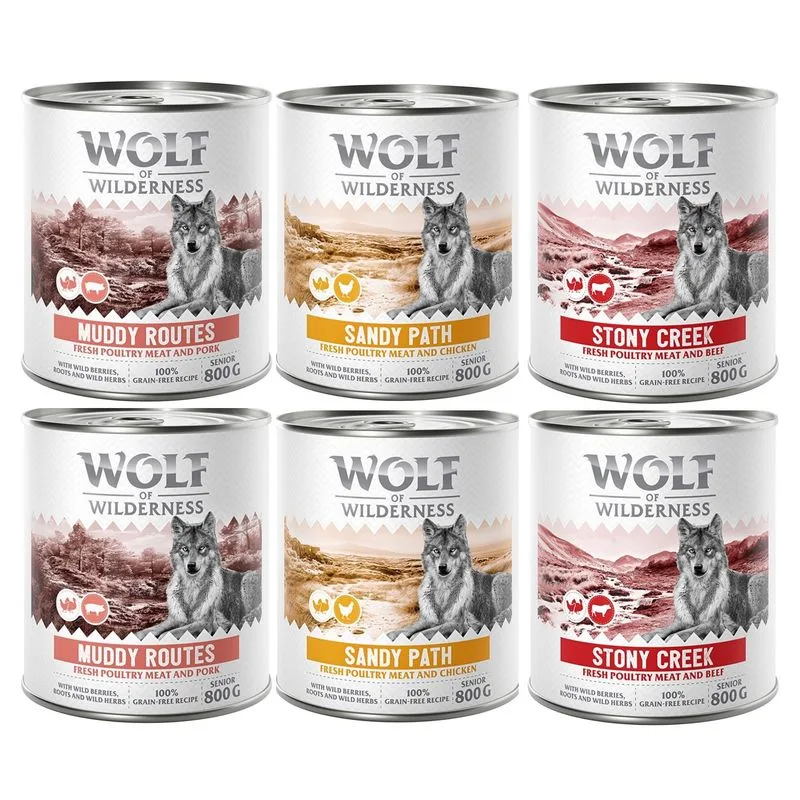 Set prova misto! Wolf of Wilderness Senior umido per cane (6 x 800 g: 2x Pollame con Manzo, 2x Pollame con Maiale,  2x Pollame con Pollo)