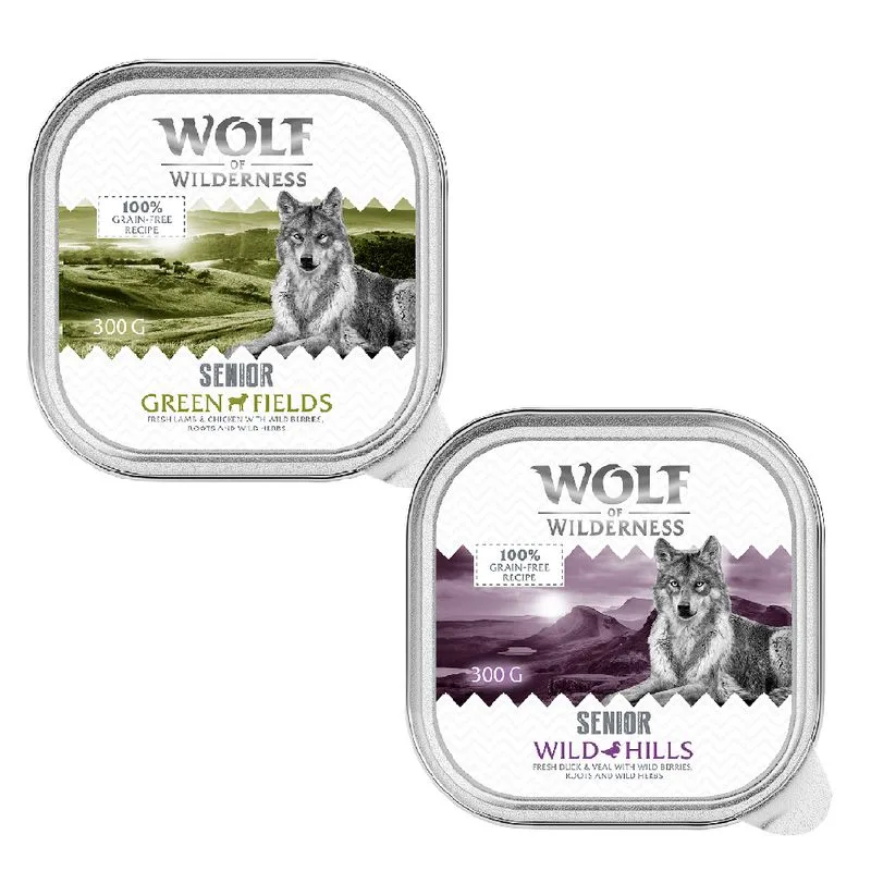 Wolf of Wilderness Senior Duo-Protein 6 / 24 x 300 g umido cane (Set %: 24 x 300 g: Mix (12x Agnello & Pollo, 12x Anatra & Vitello))