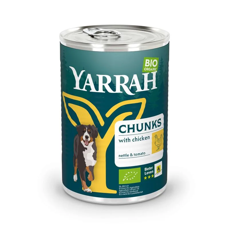 Yarrah Bio Bocconcini 6 x 405 g Umido per cane (Pollo bio con Ortica bio & Pomodori bio)