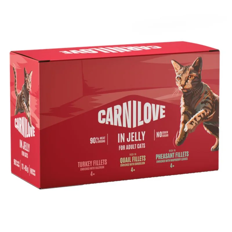 Carnilove Cat - Buste 48 x 85 g (Mix in Gelatina: 16x Tacchino, 16x Quaglia, 16x Fagiano)