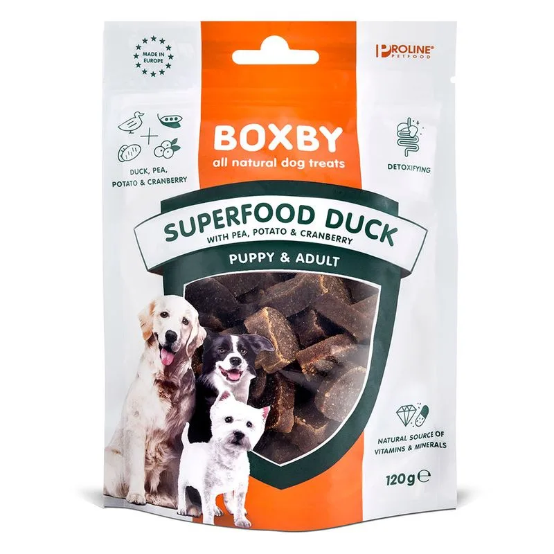 Boxby Superfood con Anatra, Piselli e Mirtilli rossi Snack per cani (Set %: 2 x 120 g)