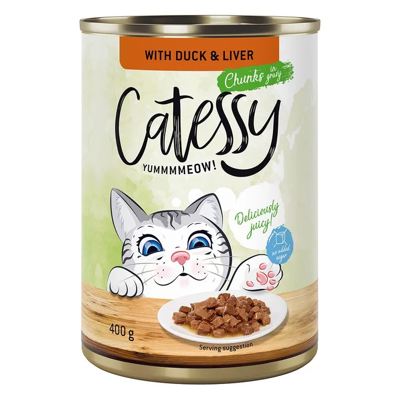Bocconcini in Salsa o Gelatina Catessy 12 x 400 g Umido per gatto (con Anatra e Fegato in Salsa)