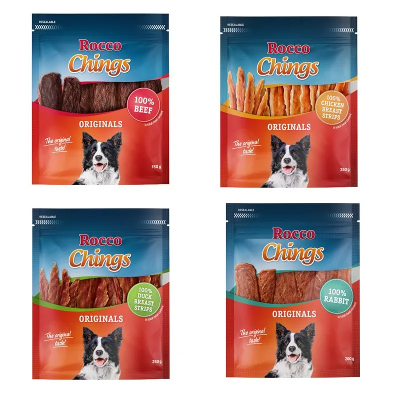 Pacco misto! Rocco Chings Originals (850 g Strisce di petto di pollo, Strisce d'anatra, Coniglio, Manzo)