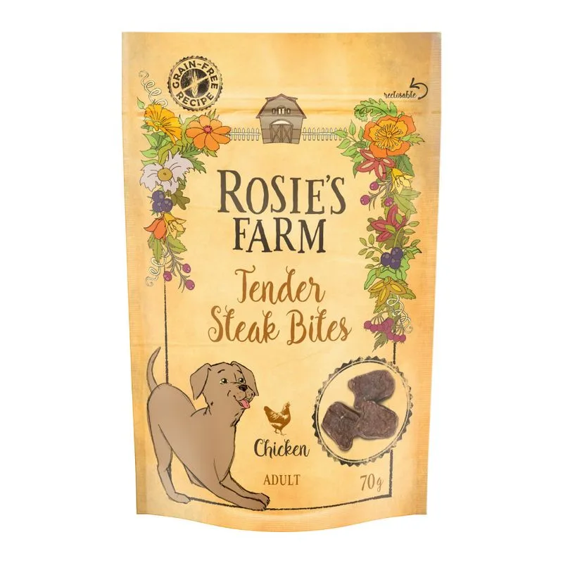 Rosie's Farm "Tender Steak Bites" - Pollo Snack per cani (Set %: 5 x 70 g)