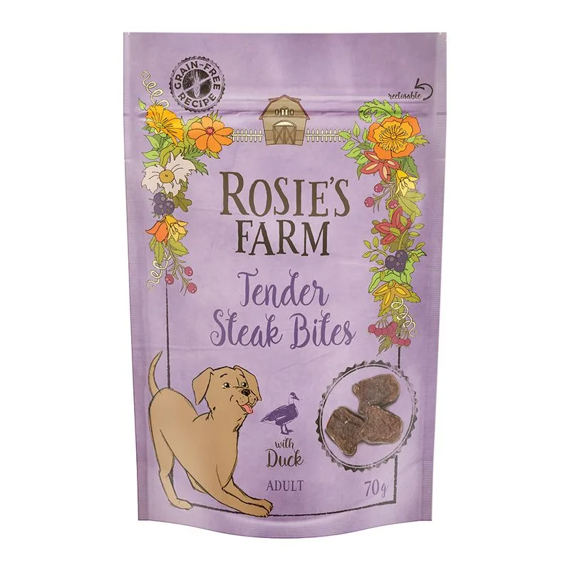 Rosie's Farm Adult "Tender Steak Bites" Anatra Snack per cane (Set %: 5 x 70 g)